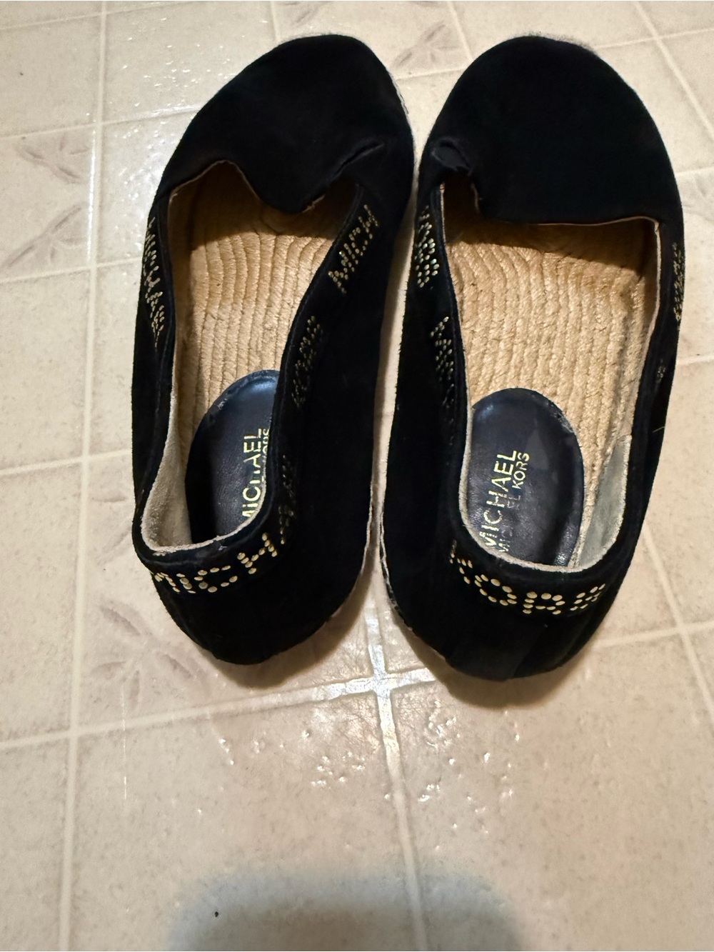 MICHAEL Michael Kors Black Suede Flats with Gold Stud Detail